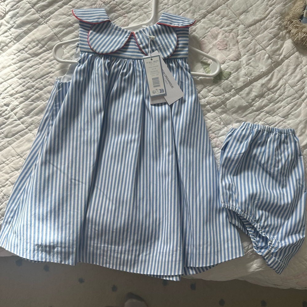 Jacadi Blue and White Striped Dress with Bloomers